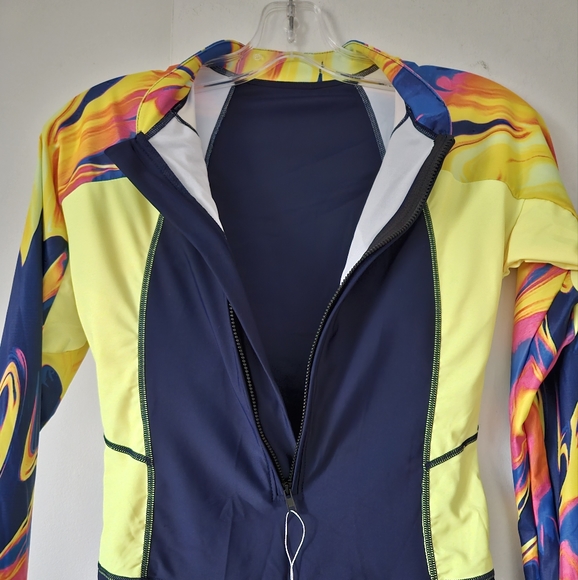 Long Sleeve Navy & Yellow One Piece Rash Guard Zipper Swimsuit NWOT - Picture 3 of 8